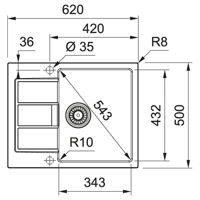 Кухонная мойка Franke Sirius 2.0, тектонайт, прямоугольная, с крылом, 620х500х200, чаша- 1, врезная, S2D 611-62, серый