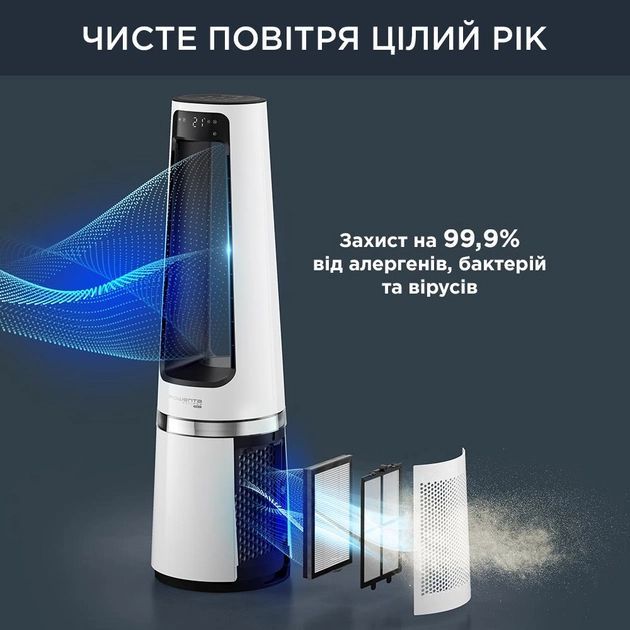 Очиститель воздуха Rowenta вен-тор+об-тель Eclipse 3IN1, 35м2, 107м3/час, пульт ДУ, дисплей, HEPA фильтр, 12 ур. ск-сти, белый