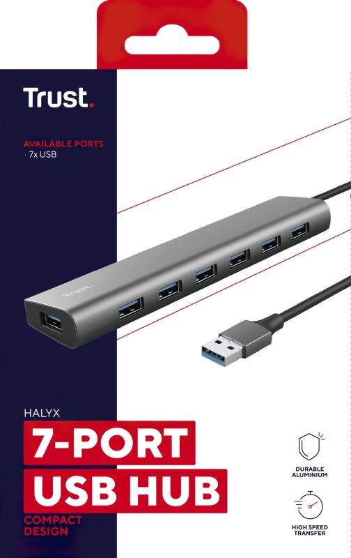 Хаб Trust Halyx 7-IN-1 USB-A > 7xUSB-А 3.2, Алюминий, 0.8м, Черный
