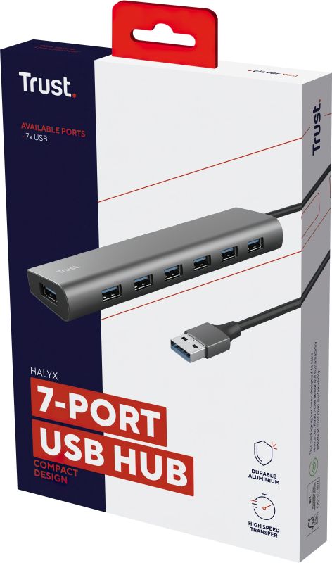 Хаб Trust Halyx 7-IN-1 USB-A > 7xUSB-А 3.2, Алюминий, 0.8м, Черный