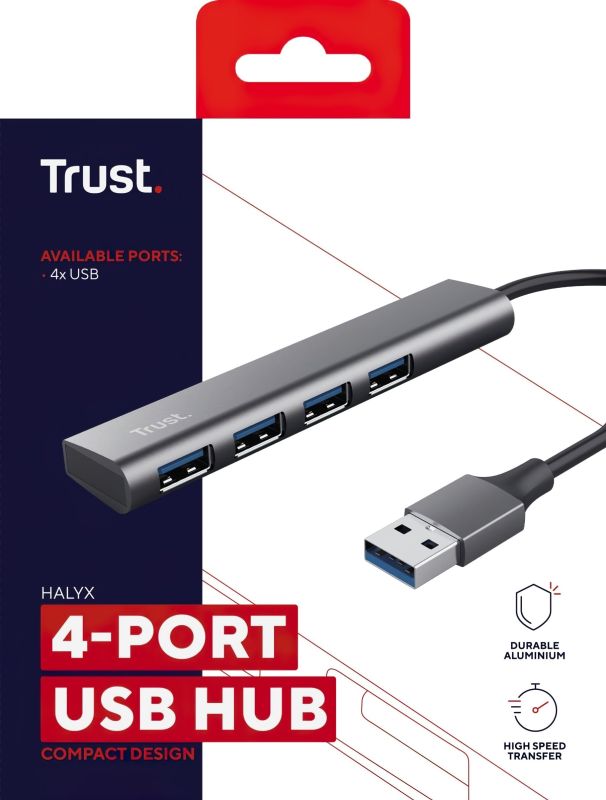 Хаб Trust Halyx USB-A > 4xUSB-А 3.2, Алюминий, 0.1м, Серый