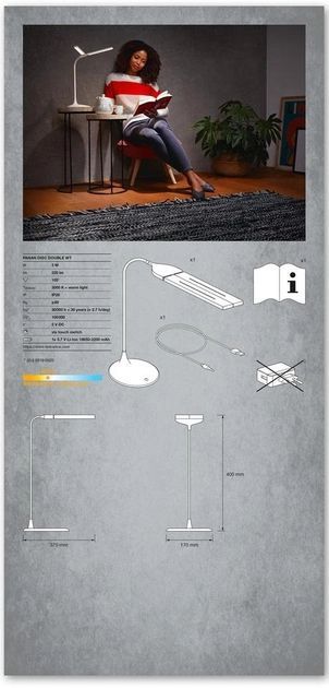 Настольная лампа с аккумулятором LEDVANCE Panan Disc Double 5Вт 3000К 2200мАг USB-A белый