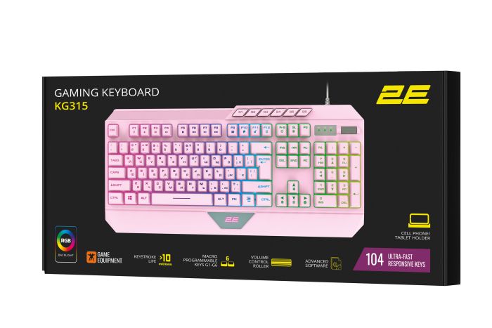 Клавиатура мембранная 2E GAMING KG315 110key, USB-A, EN/UA, RGB, розовый