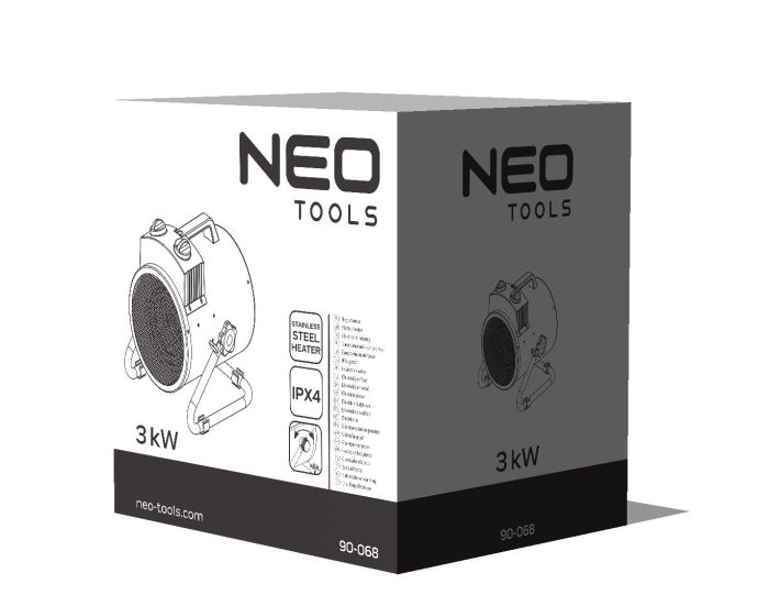 Тепловая пушка электрическая Neo Tools, 3кВт, 80м кв, 354м куб/ч, нагрев. элемент - нерж. сталь, IPX4, чёрный