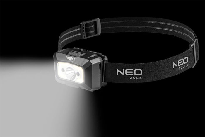 Фонарь налобный аккумуляторный Neo Tools, 1200мА•ч, 250лм, 3Вт, 5 функций освещения, красный свет, датчик движения, индикатор заряда