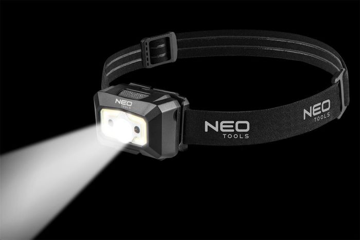 Фонарь налобный аккумуляторный Neo Tools, 1200мА•ч, 250лм, 3Вт, 5 функций освещения, красный свет, датчик движения, индикатор заряда