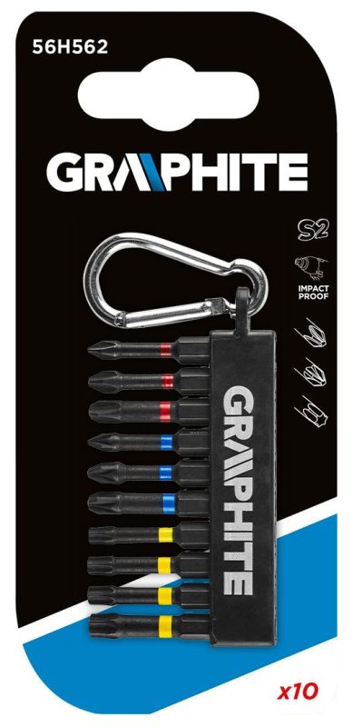 Біти GRAPHITE, набір 10шт, 1/4", ударні, PH,PZ,TX, 50мм, сталь S2, карабін