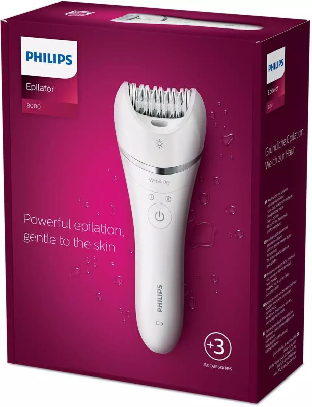 Эпилятор  Philips 8000 series дисковый, аккумуляторный, пинцет.-32, влаж.+сух., с подсветкой, насадок-2, белый