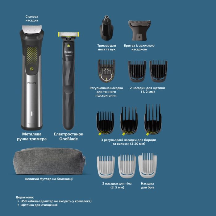 Триммер Philips Series 9000 для бороды, усов,головы, тела, интим.зон, акум., насадок-15, OneBlade в компл., сталь, серый