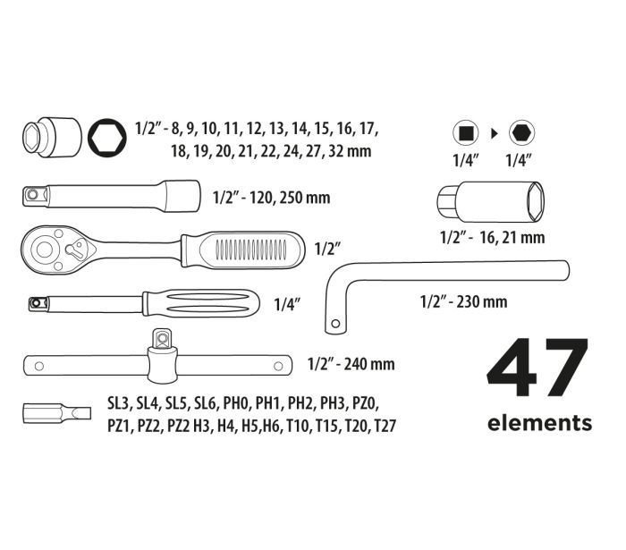 Набор инструментов Top Tools, набор торцевых головок 1/2", 1/4", 47шт