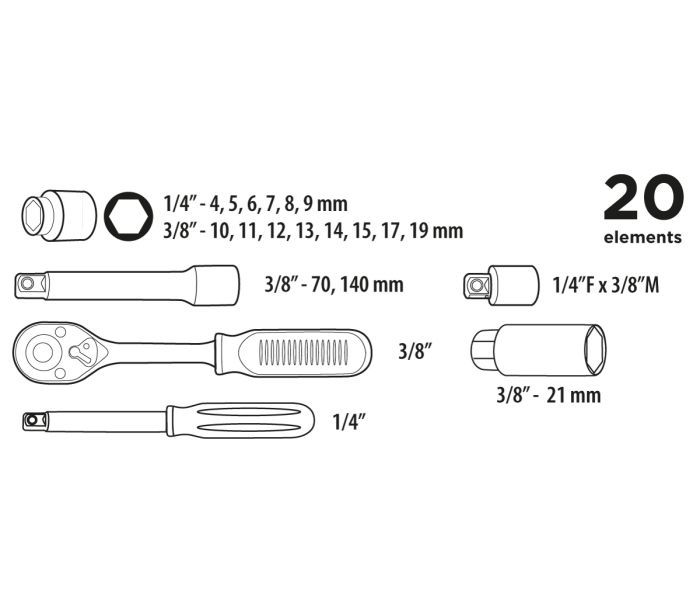 Набор инструментов Top Tools, набор торцевых головок 1/4", 3/8", 20шт