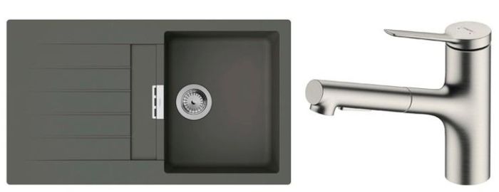 Набор для кухни Hansgrohe , гранитная мойка S520-F345 + смес. Zesis M33, серый камень-сталь