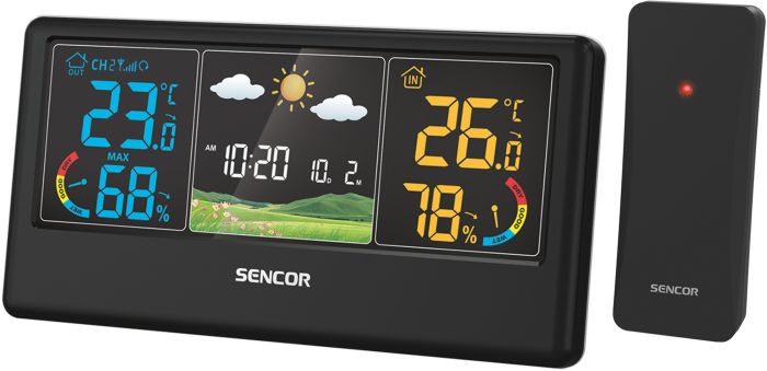 Метеостанція Sencor, внутр/зовн вимірювання, від мережі/АААх3+ААх2, темп-ра, вологість, час, прогноз погоди, чорний