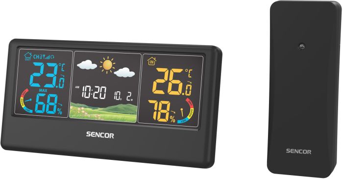 Метеостанція Sencor, внутр/зовн вимірювання, від мережі/АААх3+ААх2, темп-ра, вологість, час, прогноз погоди, чорний