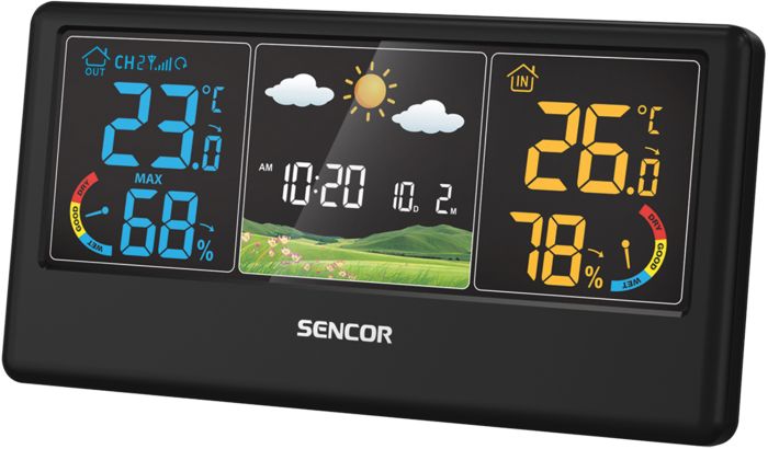Метеостанція Sencor, внутр/зовн вимірювання, від мережі/АААх3+ААх2, темп-ра, вологість, час, прогноз погоди, чорний
