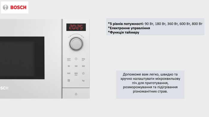 Микроволновая печь Bosch, 20л, эл. управл., 800Вт, белый