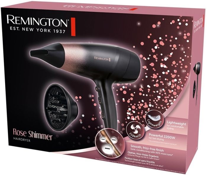 Фен Remington Rose Shimmer, 2200Вт, 3 режими, дифузор, іоніз-я, хол. обдув, чорно-рожевий