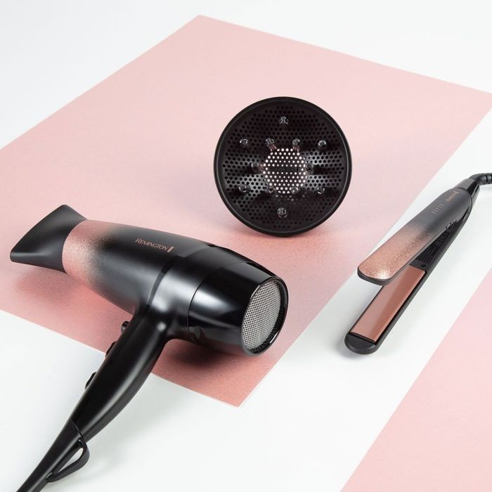 Фен Remington Rose Shimmer, 2200Вт, 3 режими, дифузор, іоніз-я, хол. обдув, чорно-рожевий