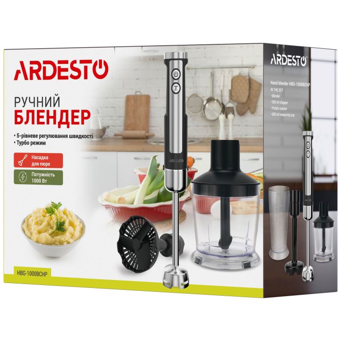 Блендер Ardesto погружной 1000Вт, 3в1, чаша-600мл, чопер-500мл, насадка для пюре, черно-серебристый