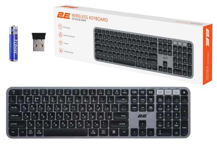 Клавиатура мембранная 2E KS240 110key, WL/BT, EN/UK, серо-чёрный