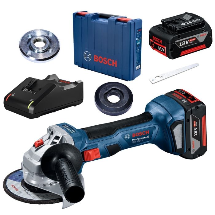 Шлифмашина угловая аккумуляторная Bosch Professional GWS 180-LI, 125мм, 18В 2х4Ач, 11000об/мин, 2кг