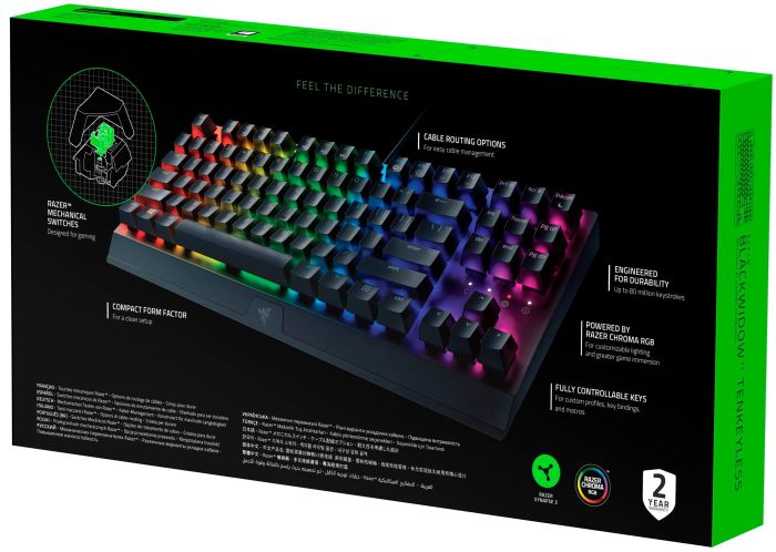 Клавиатура механическая Razer BlackWidow V3 TKL 87key, Green Switch, USB-A, EN/RU, RGB, чёрный