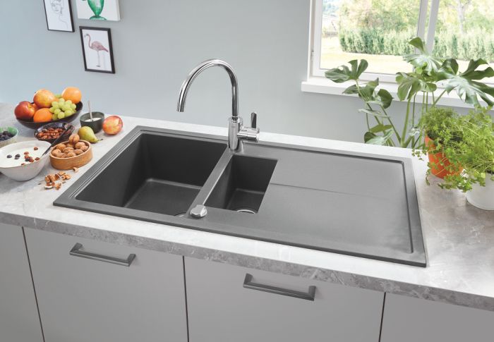 Мойка кухонная Grohe K400, гранит, прямоуг., с крылом, 1000x500x205мм, чаша - 2, врезная, черный гранит