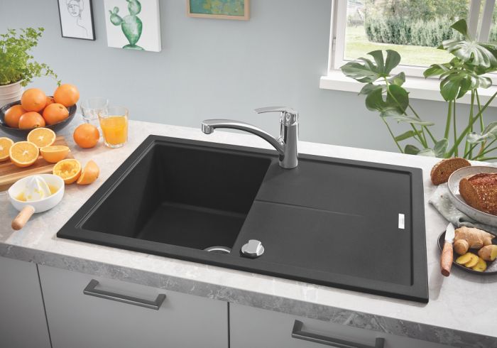 Мийка кухонна Grohe K400, граніт, прямокут., з крилом, 780x500x205мм, чаша - 1, врізна, чорний граніт
