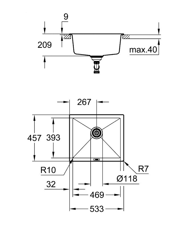 Мийка кухонна Grohe K700U, граніт, прямокут., без крила, 533x457x205мм, чаша - 1, врізна/під стільницю, чорний граніт