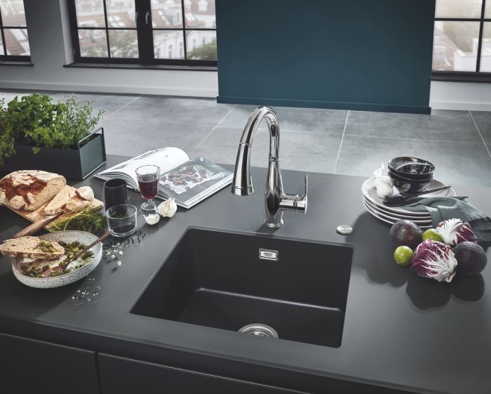 Мийка кухонна Grohe K700U, граніт, прямокут., без крила, 533x457x205мм, чаша - 1, врізна/під стільницю, чорний граніт