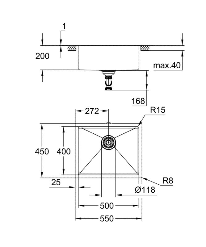 Мойка кухонная Grohe K700U, нерж. сталь, прямоуг., без крыла, 550x450x200мм, чаша - 1, универсальная, матовый прохладный восход солнца