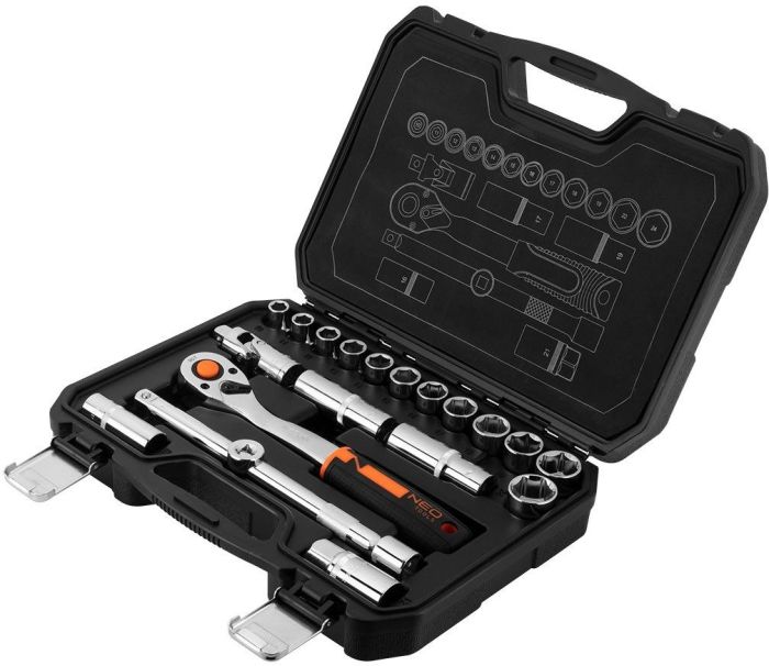 Набір інструментів Neo Tools, набір торцевих головок, 1/2", тріскачка 90 зубців, CrV, кейс, 20шт
