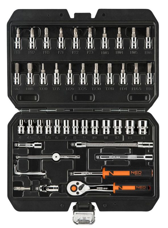 Набор инструмента Neo Tools, набор торцевых головок, 46шт, 1/4", CrV, кейс