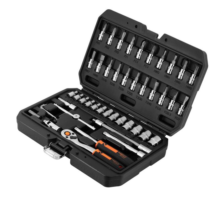 Набор инструмента Neo Tools, набор торцевых головок, 46шт, 1/4", CrV, кейс