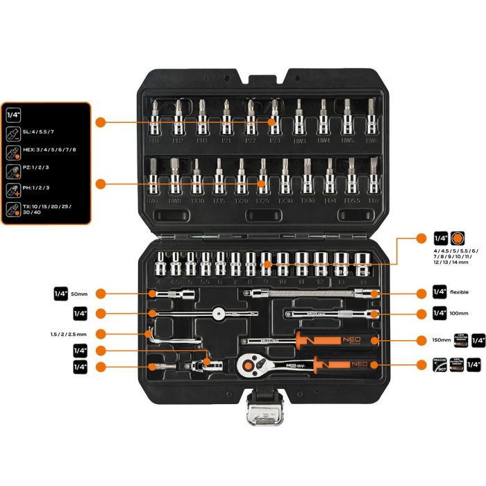 Набор инструмента Neo Tools, набор торцевых головок, 46шт, 1/4", CrV, кейс