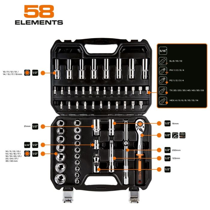 Набор инструмента Neo Tools, набор торцевых головок, 58шт, 1/2", CrV, кейс