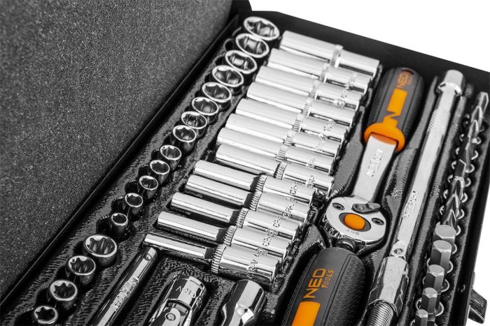 Набор инструмента Neo Tools, набор торцевых головок, 63шт, 1/4", CrV, металлический кейс