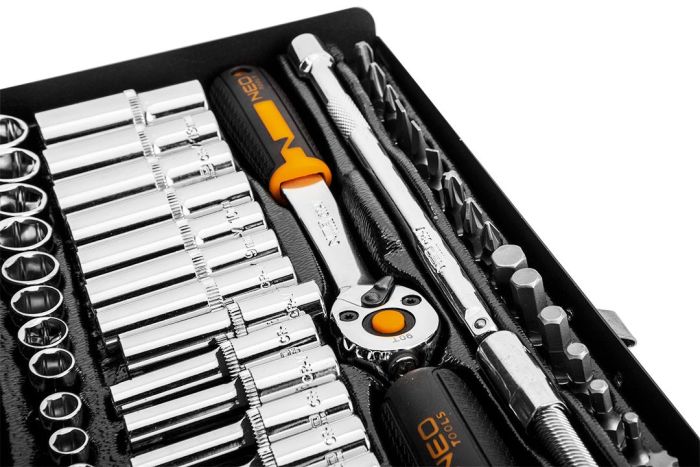 Набор инструмента Neo Tools, набор торцевых головок, 63шт, 1/4", CrV, металлический кейс