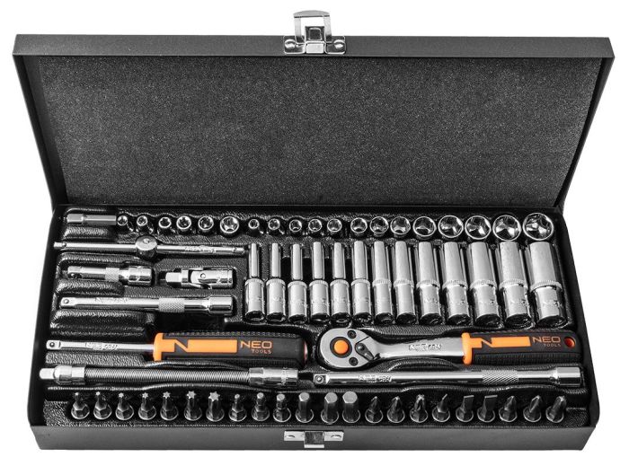 Набор инструмента Neo Tools, набор торцевых головок, 63шт, 1/4", CrV, металлический кейс