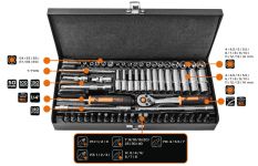 Набір інструментів Neo Tools, набір торцевих головок, 63шт, 1/4", CrV, металевий кейс
