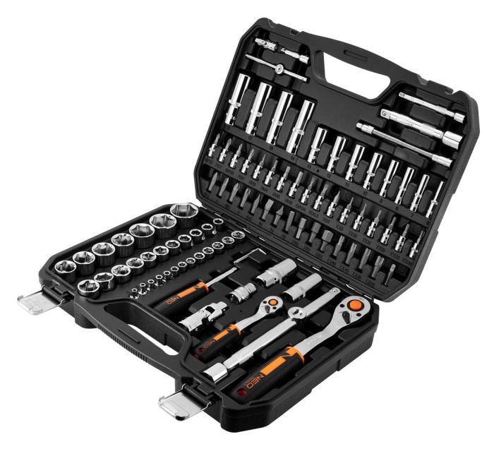 Набор инструмента Neo Tools, набор торцевых головок, 94шт, 1/2", 1/4", CrV, кейс