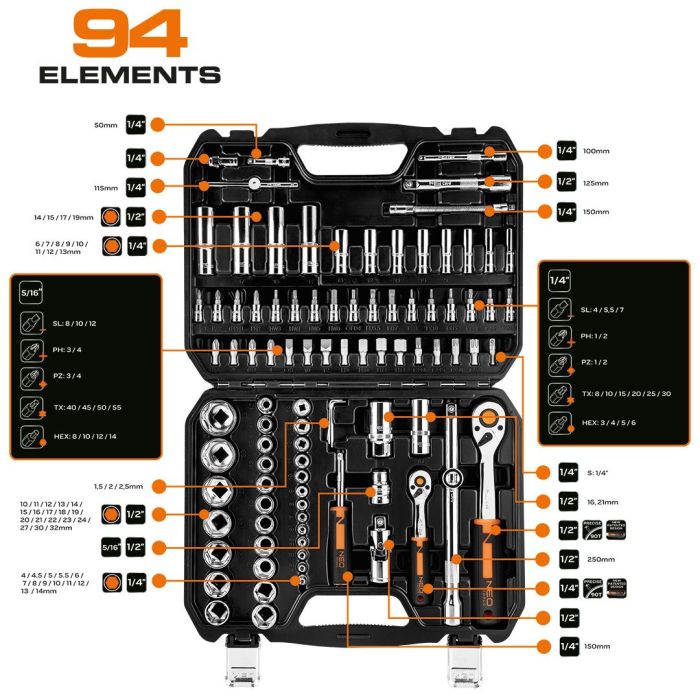 Набор инструмента Neo Tools, набор торцевых головок, 94шт, 1/2", 1/4", CrV, кейс
