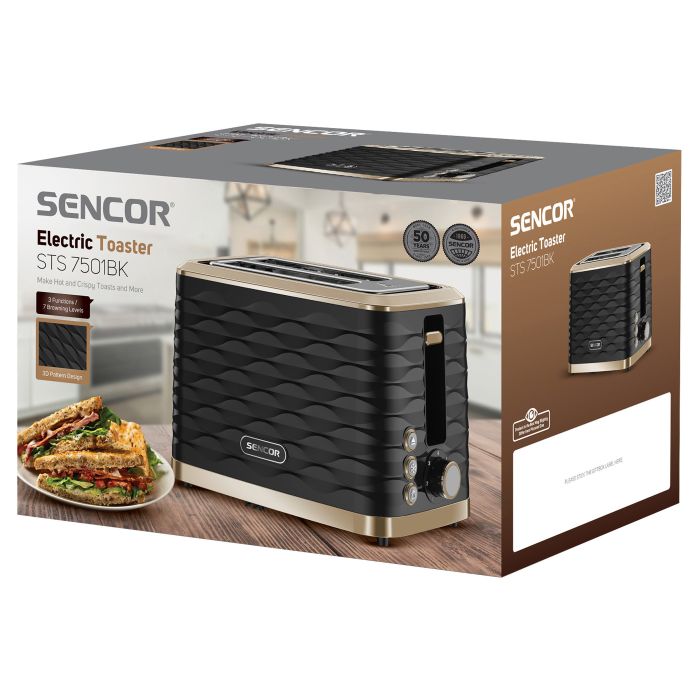Тостер Sencor 930Вт, подогрев, разморозка, подсветка пластик, черно-золотой