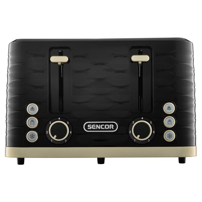 Тостер Sencor 1600Вт, підігрів, розморожування, 4 слоти, пластик, чорно-золотий