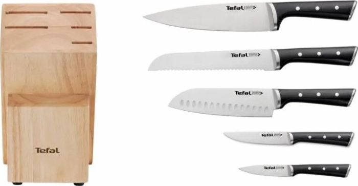 Набір ножів Tefal Ice Force, 5пр., з дерев'яною колодкою, нержавіюча сталь, пластик, чорний