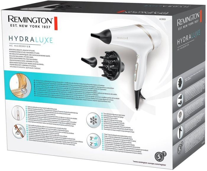 Фен Remington HydraLuxe, 2300Вт, 3 режими, дифузор, іоніз-я, хол. обдув, білий