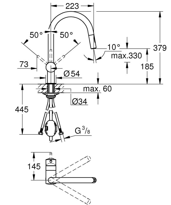 Змішувач для кухні Grohe Vento  Dual Spray, довж.виливу - 223мм, поворотний/витяжний, 1важіль, хром