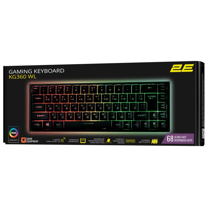 Клавиатура мембранная 2E GAMING KG360 68key, USB-A/WL, EN/UA/RU, RGB, чёрный