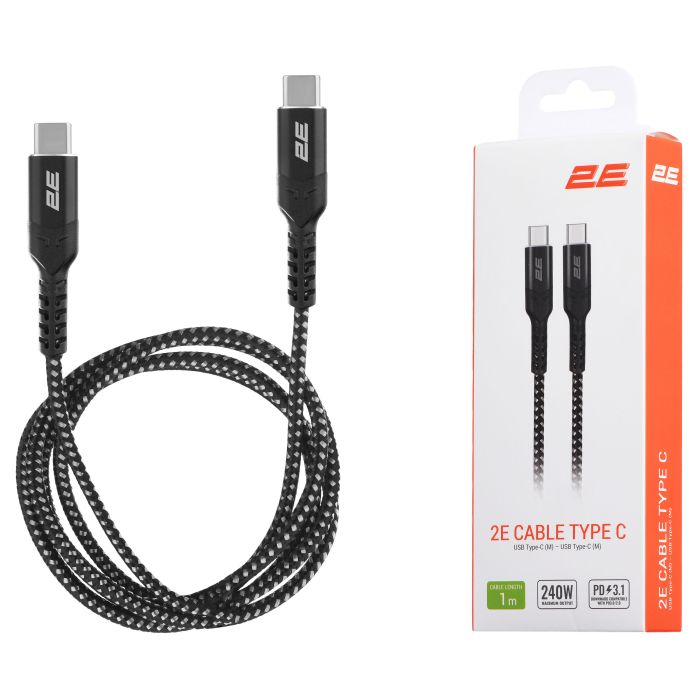 Кабель USB-C > USB-C зарядки/синхронизации 2E 1м, 240Вт Type-C, плетеный, черный