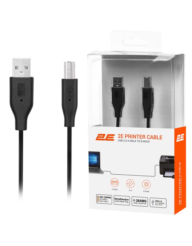 Кабель 2E USB-A > USB-B (AM/BM) синхронізації 3м, чорний